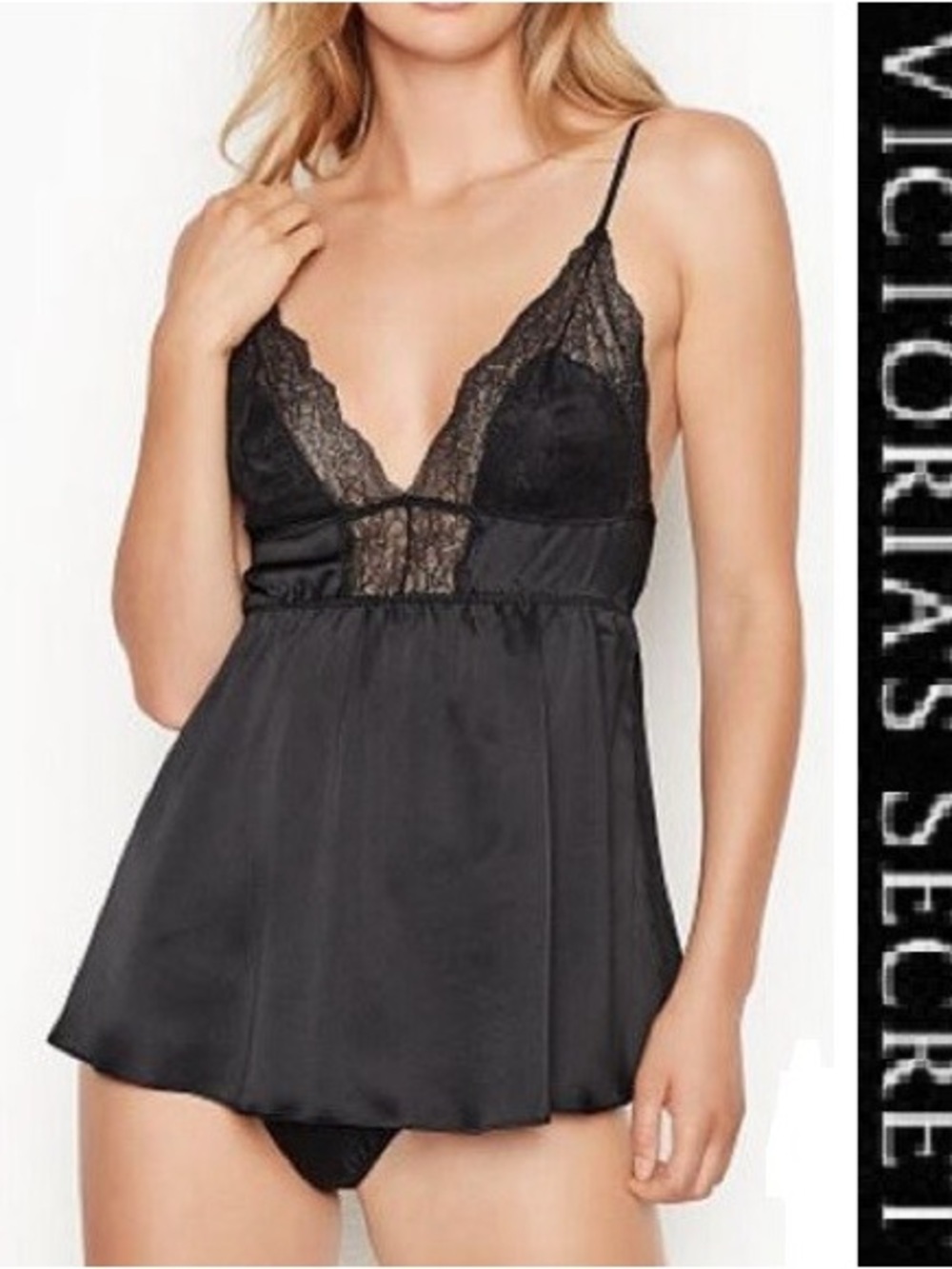 Victoria's Secret Satin Baby Doll Lingerie Teddy Slip Black Sleep top